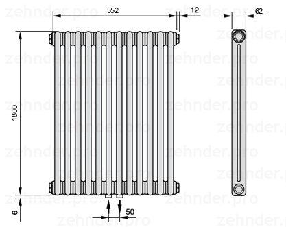 Схема (чертеж) Радиатор Zehnder Charleston 2180/12 №3470 Technoline TL